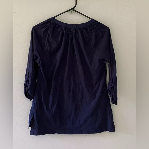 Verve Ami Navy Blue Embroidered V-Neck 3/4 Sleeve Tunic Blouse Top Women’s Small - Picture 3 of 8